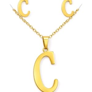 Gold Tone Stainless Steel Monogram Letter "C" Earing And Necklace Set